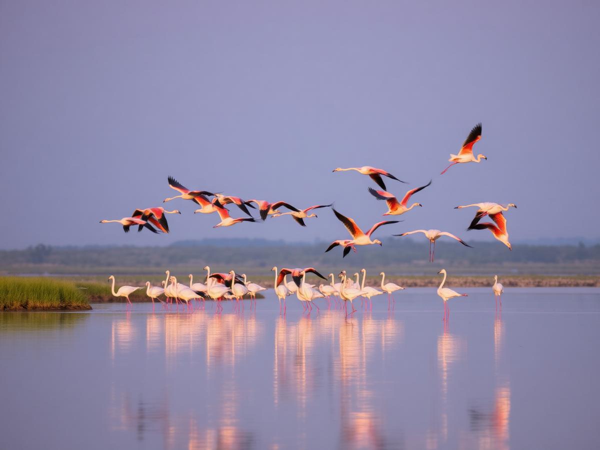 Pink flamingos taking flight
