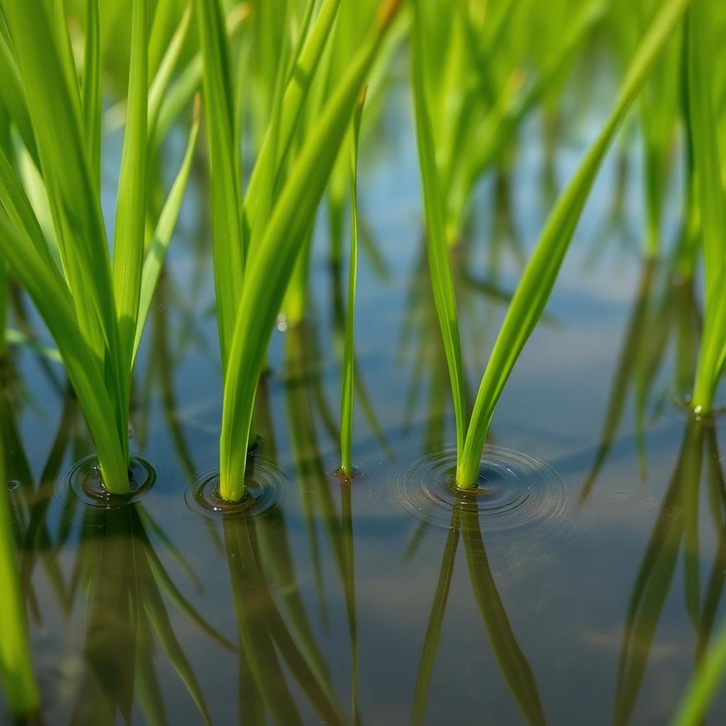 Young rice shoots reflecting in still water