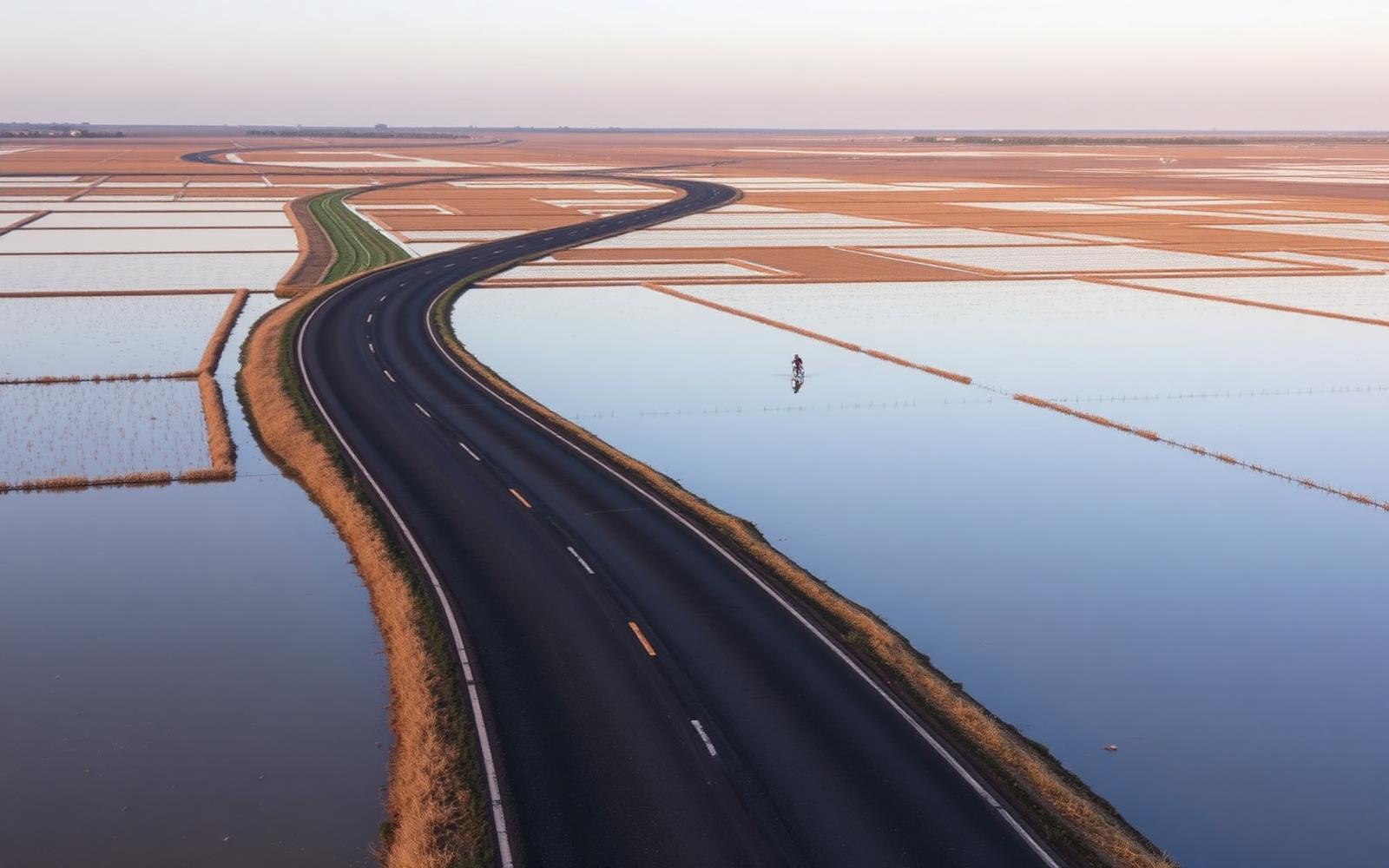 Empty road through rice paddies