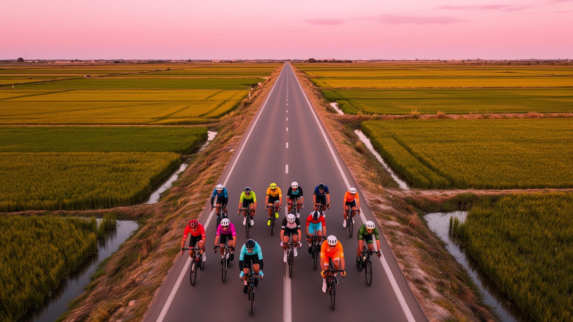 Cyclists riding through Delta de l'Ebre rice fields at sunset