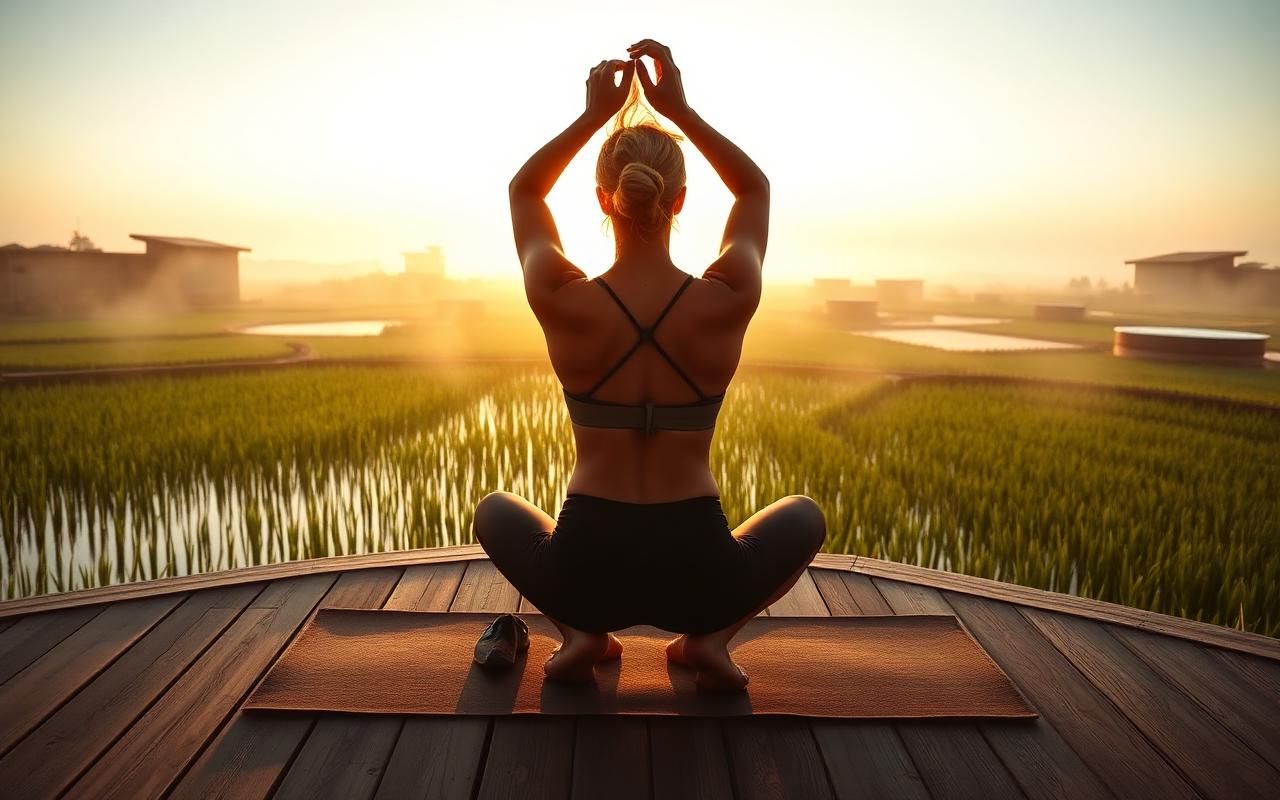 Sunrise yoga session over the Delta de l'Ebre rice fields